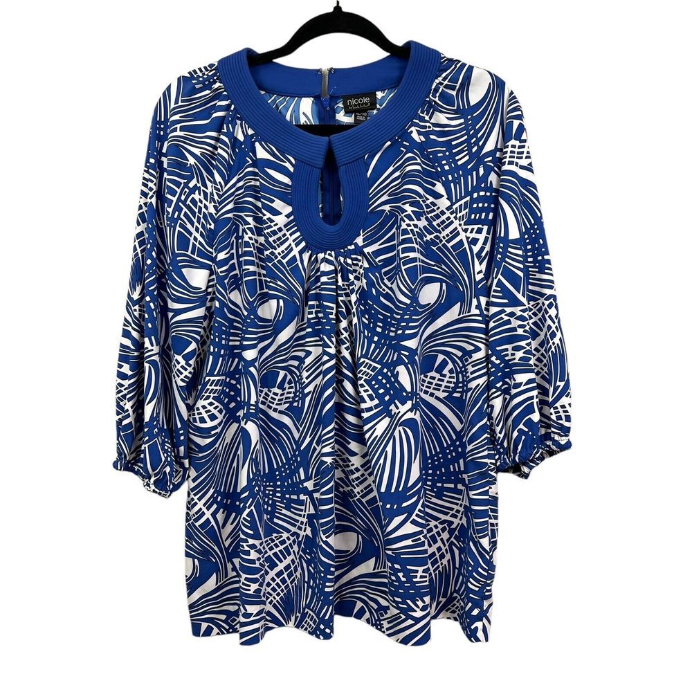 Nicole Miller Womens Tunic Blouse Top Floral Keyhole Ruched Neck Blue White XL*